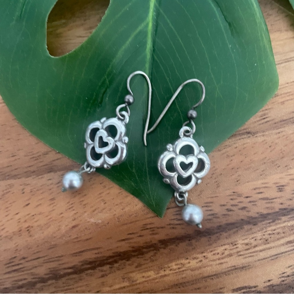 Brighton Vintage Love Lock Heart Silver tone Drop Earrings dangling Pearl Accent